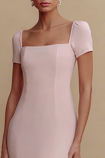 Pink Square Neck Sheath Maxi Evening Dress